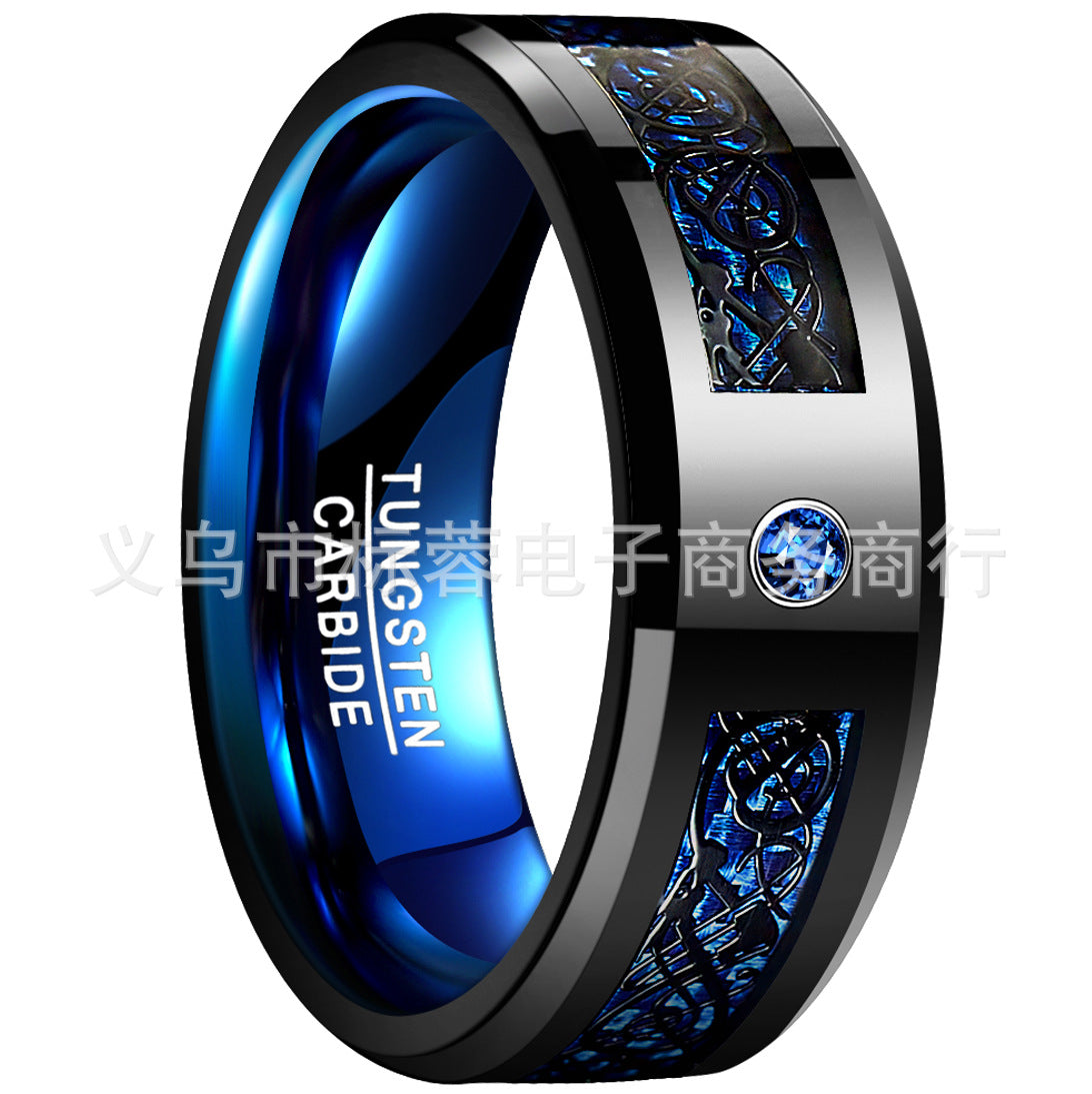 Tungsten Steel Ring Set with Black Dragon Pattern Blue Red and Green Carbon Fiber Men's Tungsten Steel Ring Ready for Dropshipping