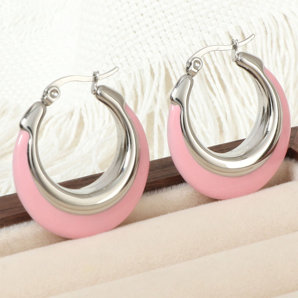Justop European and American Steel Color Polished Color Matching Enamel Hoop Earrings Pink and White Contrasting Color Ins Sweet and Cool Style Earrings