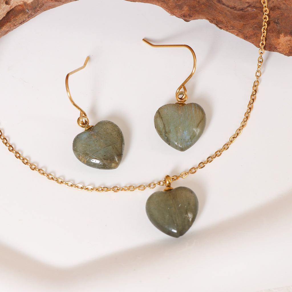 Justop European and American Cross-Border Heart-Shaped Pendant Labradorite Necklace Heart Earrings Natural Stone Necklace Ear Hooks