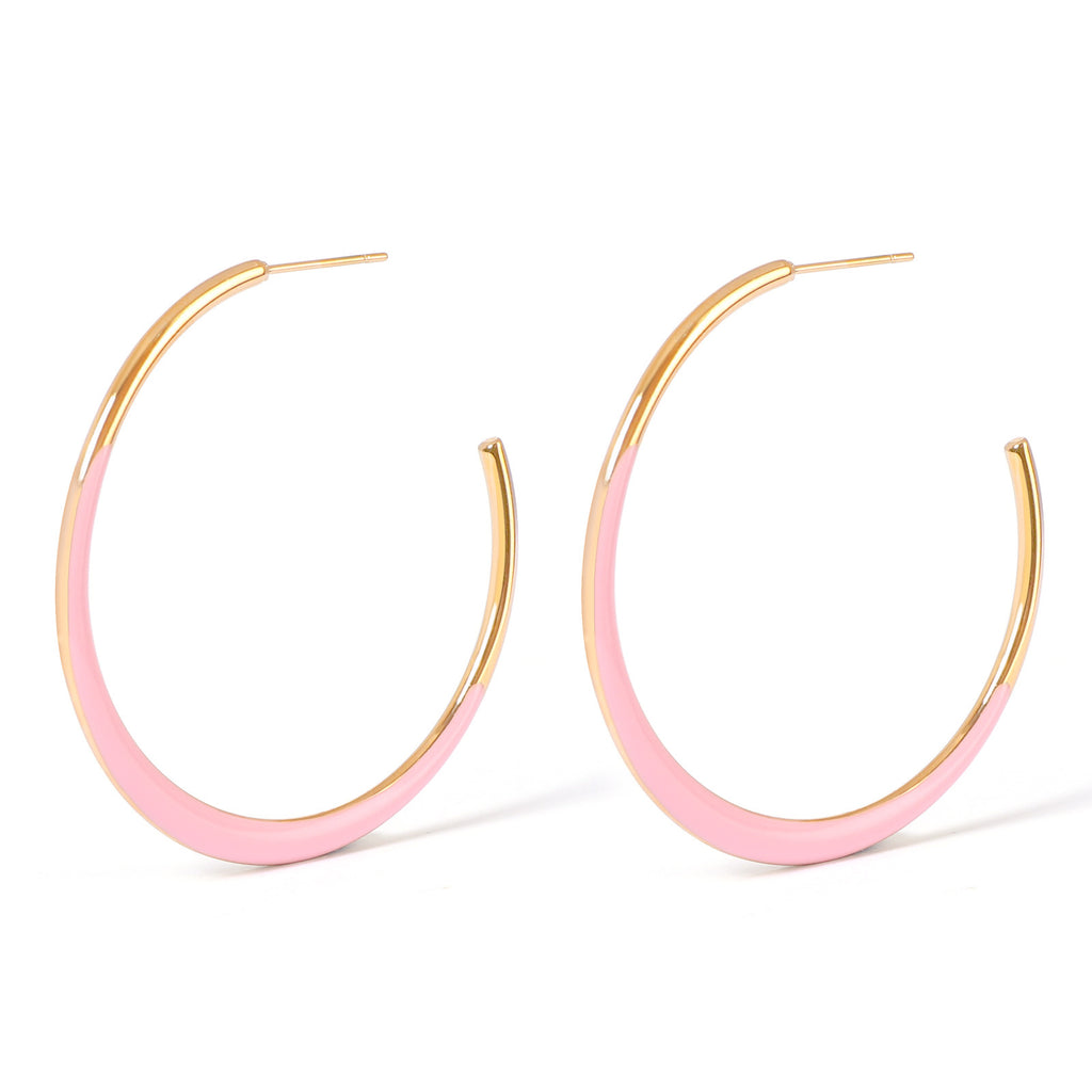 Justop French Fashion Pink Oil Drop Earrings Real Gold Electroplated Stainless Steel Earrings Single-Sided Earrings Ear Jewelry