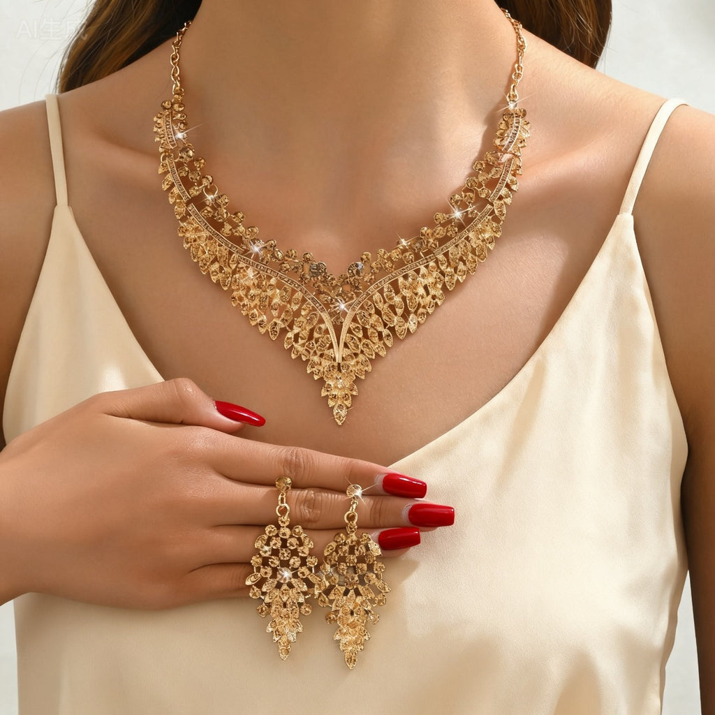 2024 New Exquisite Rhinestone Necklace Earrings Set Party Dress Wedding Accessories Alloy Cross-border Jewelry Supply