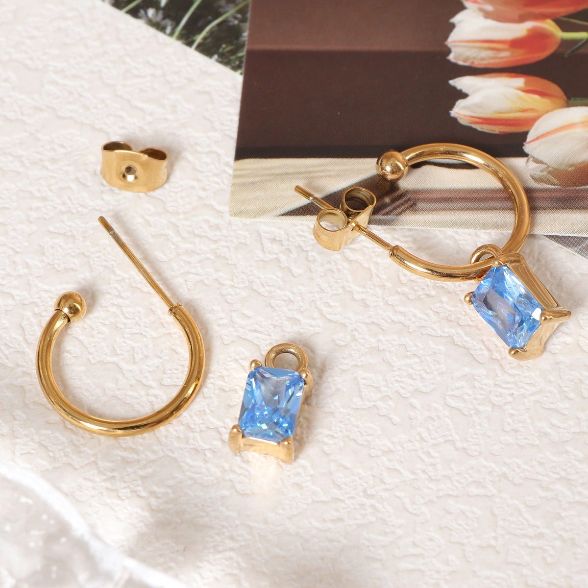 Justop European and American Fashion Sea Blue 38-Color Earrings Stainless Steel Real Gold Electroplated Earrings Zircon Pendant Earrings