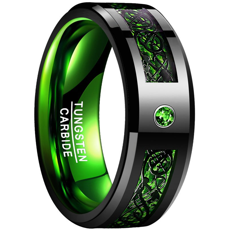 Tungsten Steel Ring Set with Black Dragon Pattern Blue Red and Green Carbon Fiber Men's Tungsten Steel Ring Ready for Dropshipping