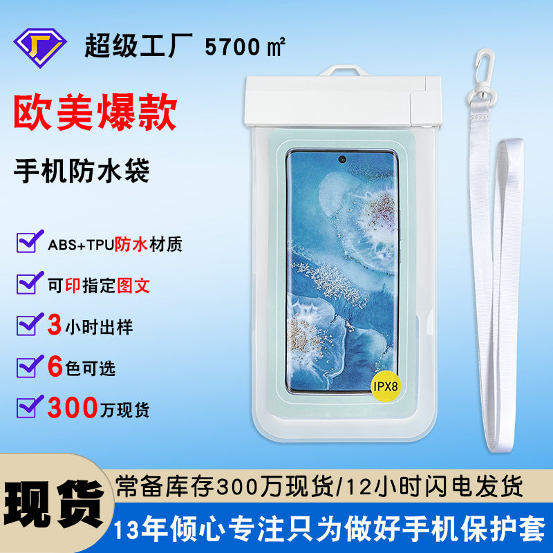 Cross-Border Mobile Phone Waterproof Bag with Touch Screen, Swimming Airbag Mobile Phone Case, Outdoor Rafting Portable Takeaway Transparent Mobile Phone Bag