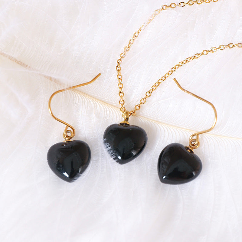 Justop European and American Style High-End Heart-Shaped Pendant Earrings Cross-Border Electroplated Heart-Shaped Ear Studs Black Agate Necklace