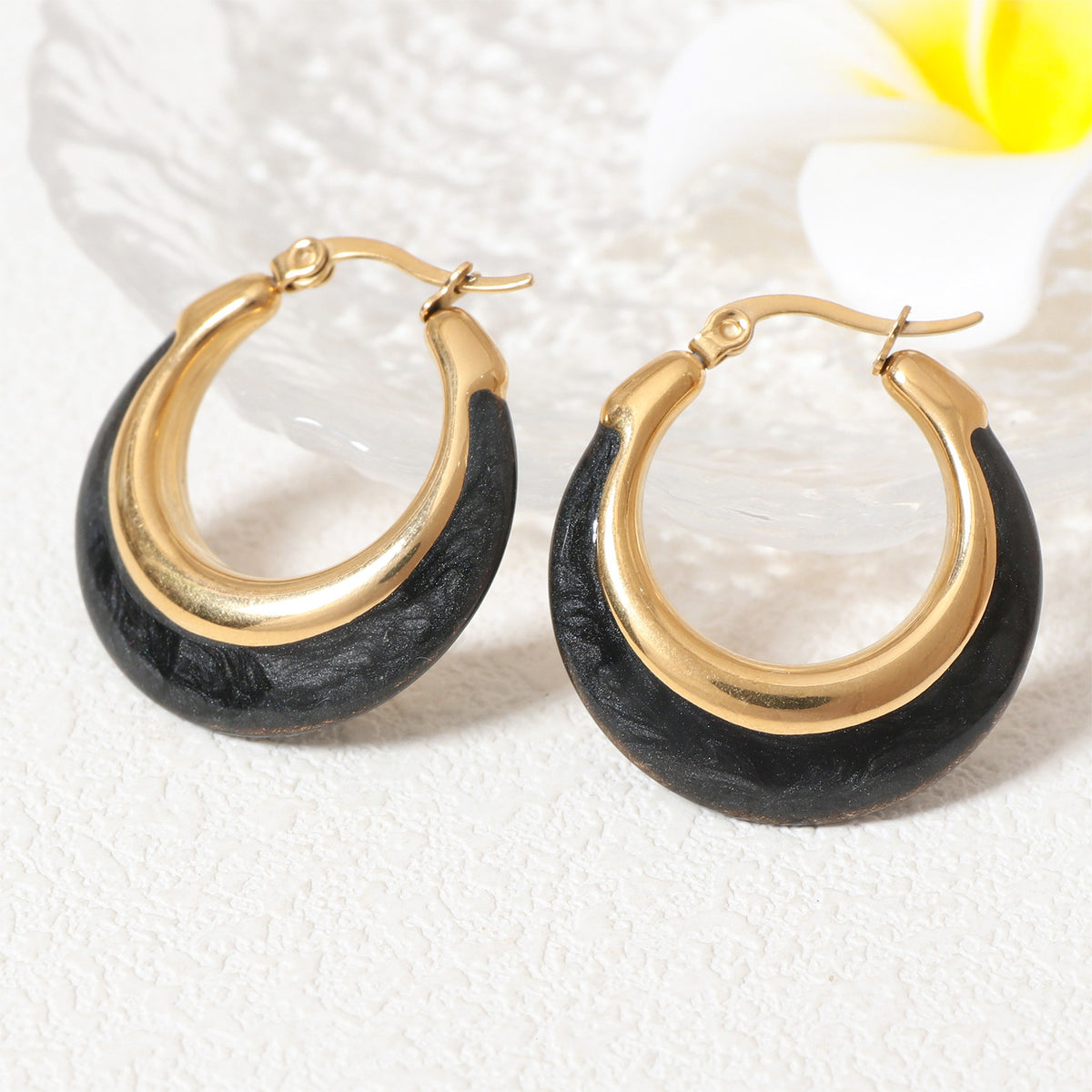 Justop French Ins Personalized Pearl Black Oil Drop Earrings Stainless Steel Vacuum Electroplated Earrings Hong Kong Style Earrings