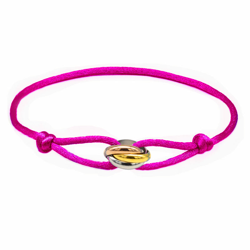 Cross-border supply of foreign trade hand-woven couples stainless steel DIY hand rope three-color three-ring hand rope adjustable bracelet