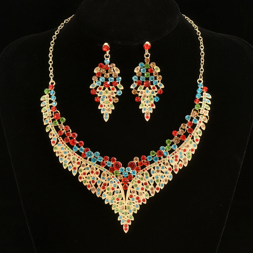 2024 New Exquisite Rhinestone Necklace Earrings Set Party Dress Wedding Accessories Alloy Cross-border Jewelry Supply