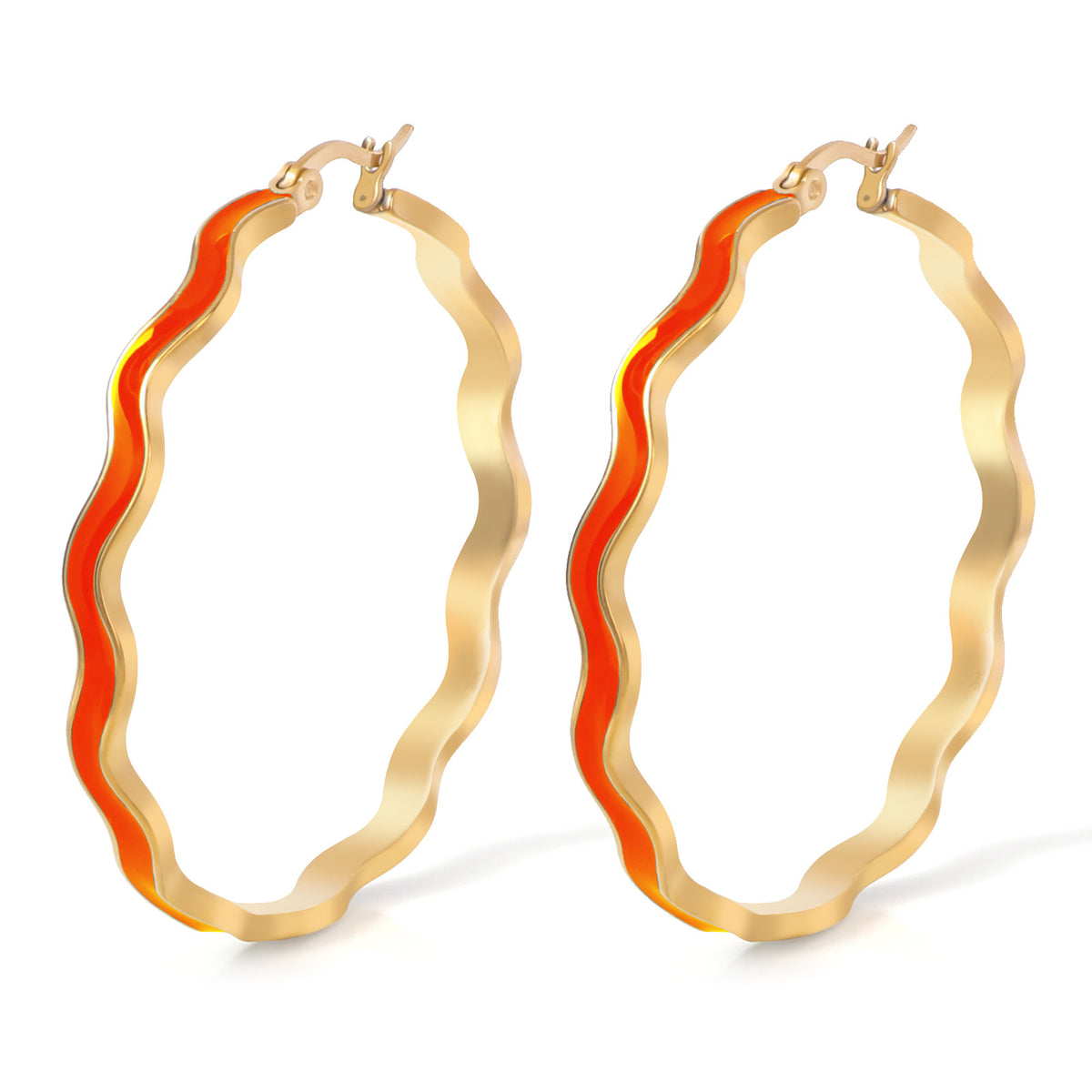 Justop European and American French Real Gold Electroplated Earrings Orange Oil Drop Earrings Wavy Large Earrings Stainless Steel Earrings