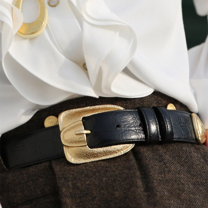Customized Cowhide Leather Belt Cross-Border European and American Girdle Design with Pictures and Samples, Engraved Buckle Logo Decorative Leather Belt