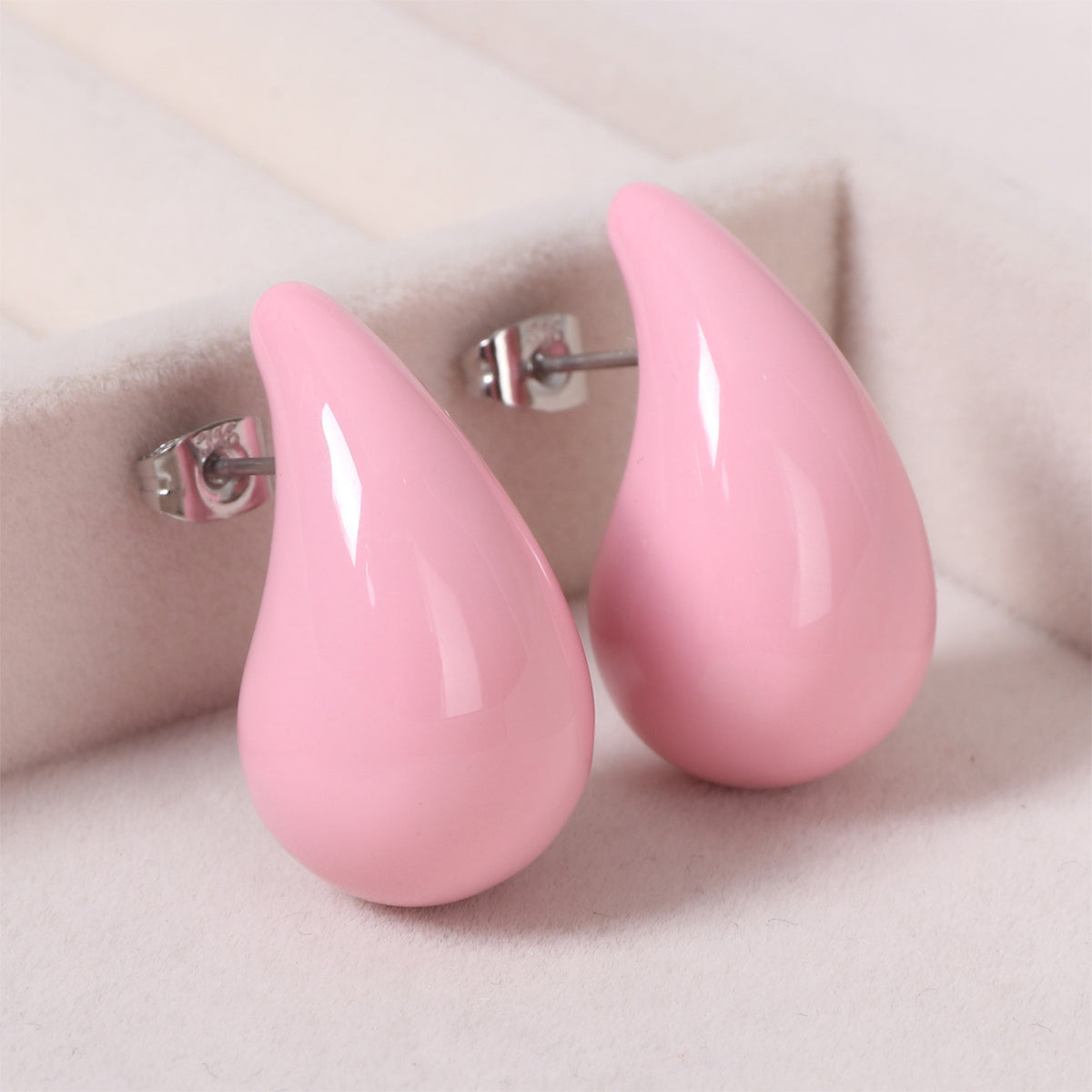 Justop French Ins Personalized Pink Oil Drop Earrings Stainless Steel Polished Earrings Water Drop Earrings Pink Earrings