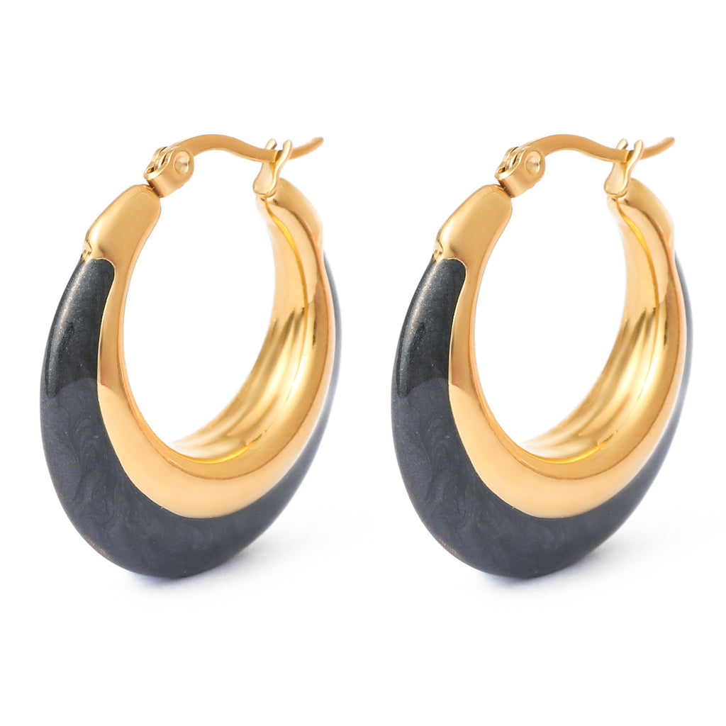 Justop French Ins Personalized Pearl Black Oil Drop Earrings Stainless Steel Vacuum Electroplated Earrings Hong Kong Style Earrings