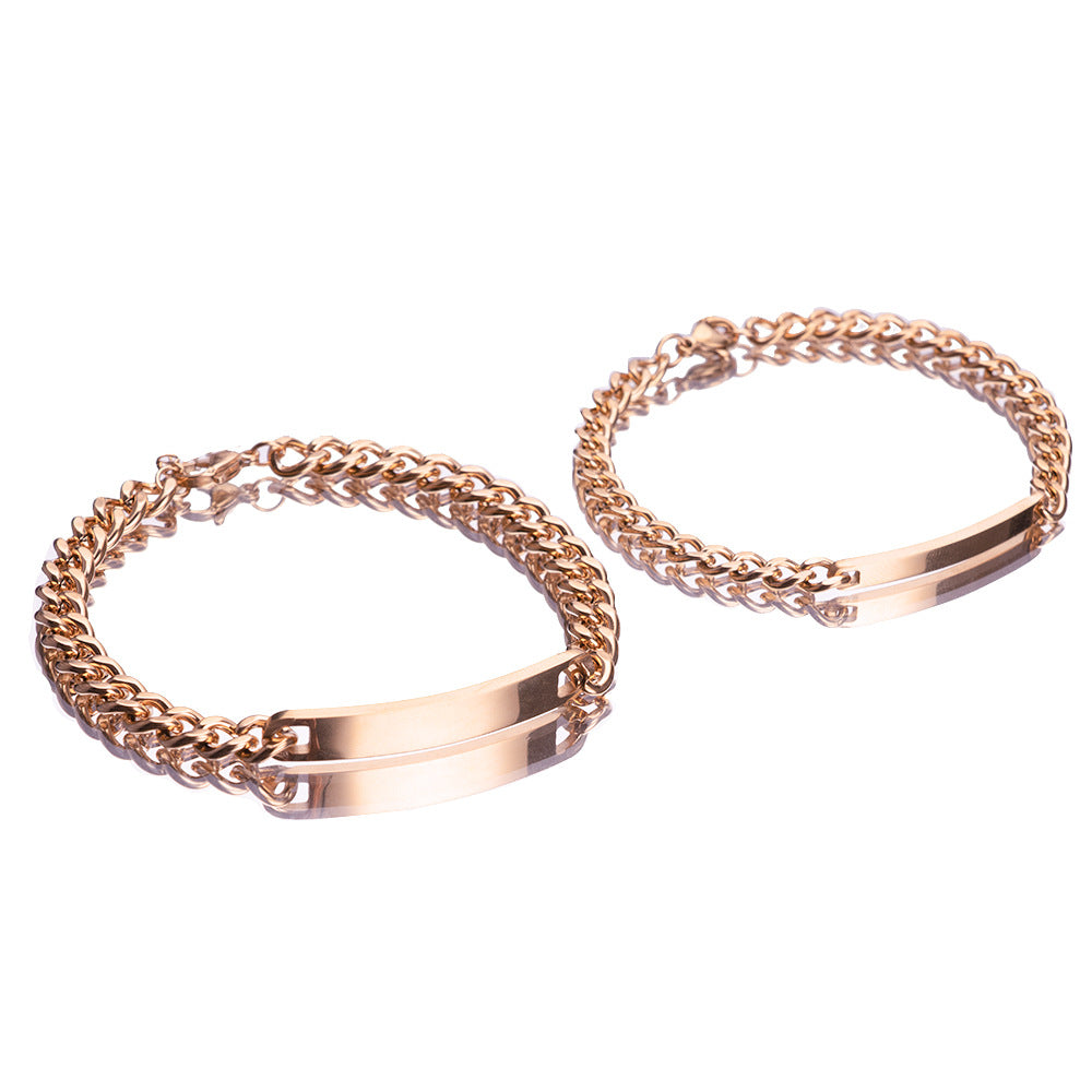 Amazon New Hot Sale 2 Pieces/Set Engravable Titanium Steel Couple's Day 18K High Quality Gold Plated Bracelet