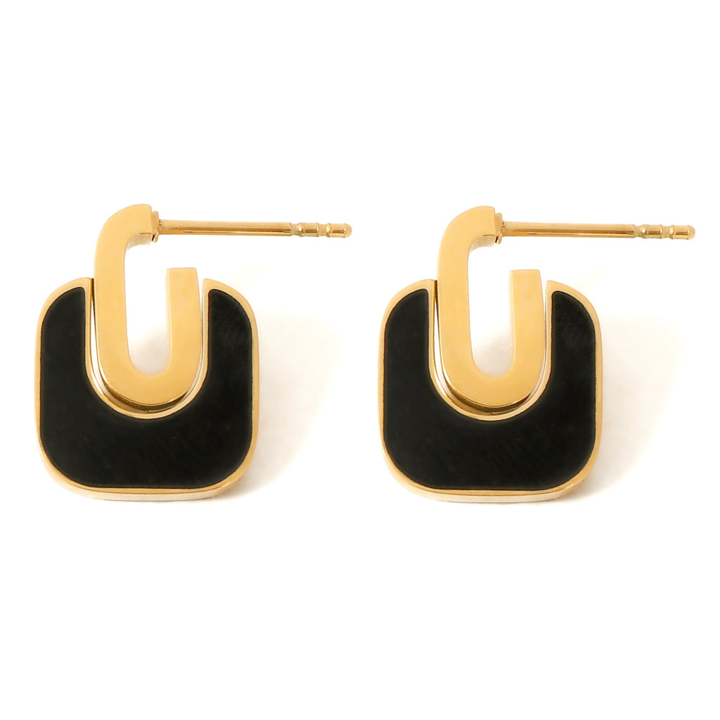 Justop European and American French Black Oil Drop Earrings Real Gold Electroplated Earrings Gold Stainless Steel Earrings Simple Ear Hooks