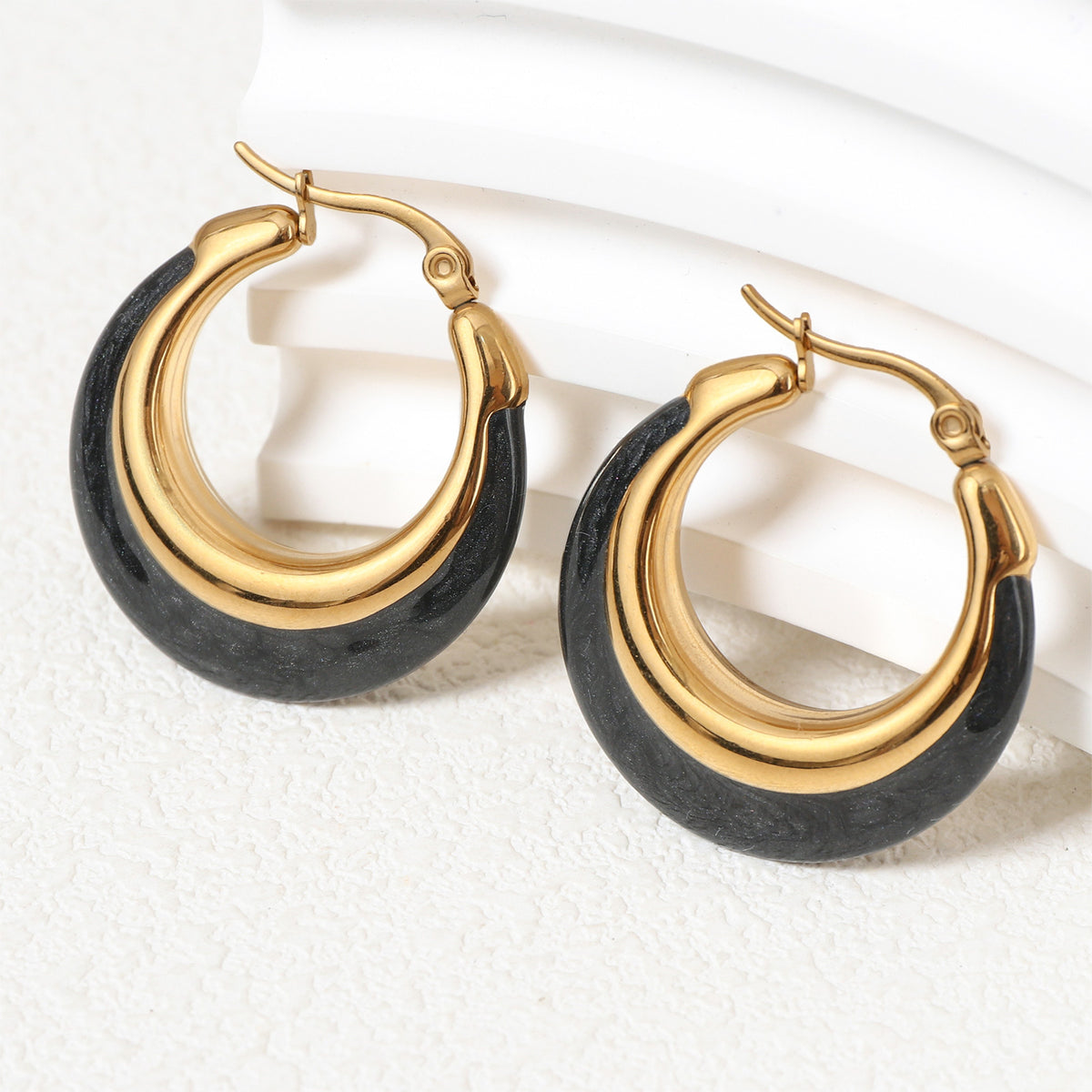 Justop French Ins Personalized Pearl Black Oil Drop Earrings Stainless Steel Vacuum Electroplated Earrings Hong Kong Style Earrings