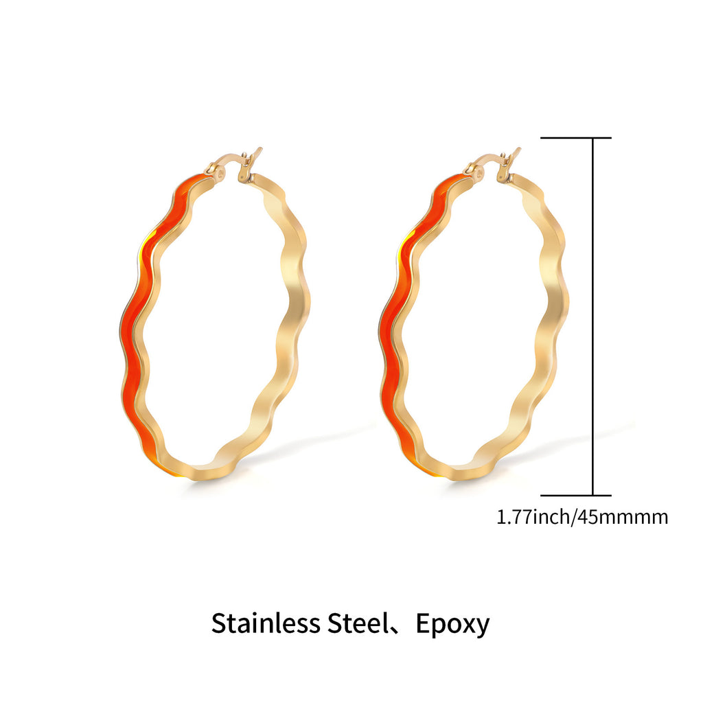 Justop European and American French Real Gold Electroplated Earrings Orange Oil Drop Earrings Wavy Large Earrings Stainless Steel Earrings