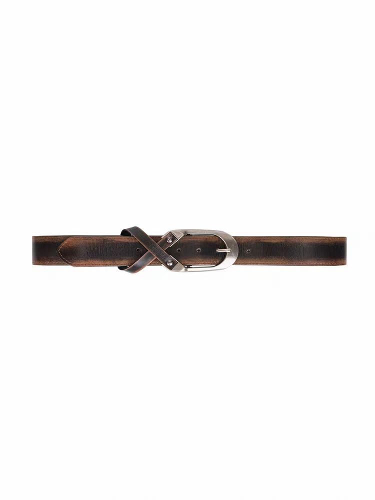 Genuine Leather Distressed Hardware Crescent Belt for Women, Trendy Retro Punk Original Design Brand Cowhide Belt