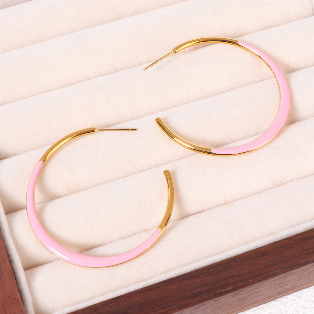 Justop French Fashion Pink Oil Drop Earrings Real Gold Electroplated Stainless Steel Earrings Single-Sided Earrings Ear Jewelry