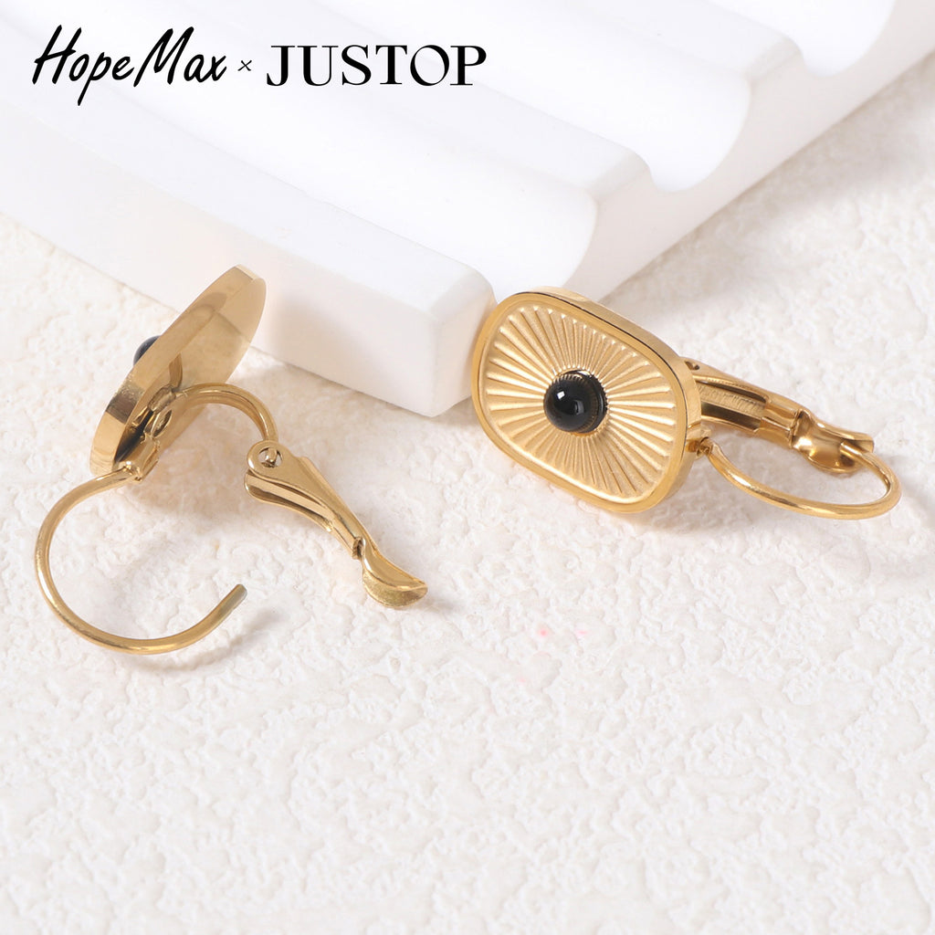 Justop French Inlaid Natural Stone Earrings Black Agate Stone Earrings Stainless Steel Electroplated Earrings Simple Earrings