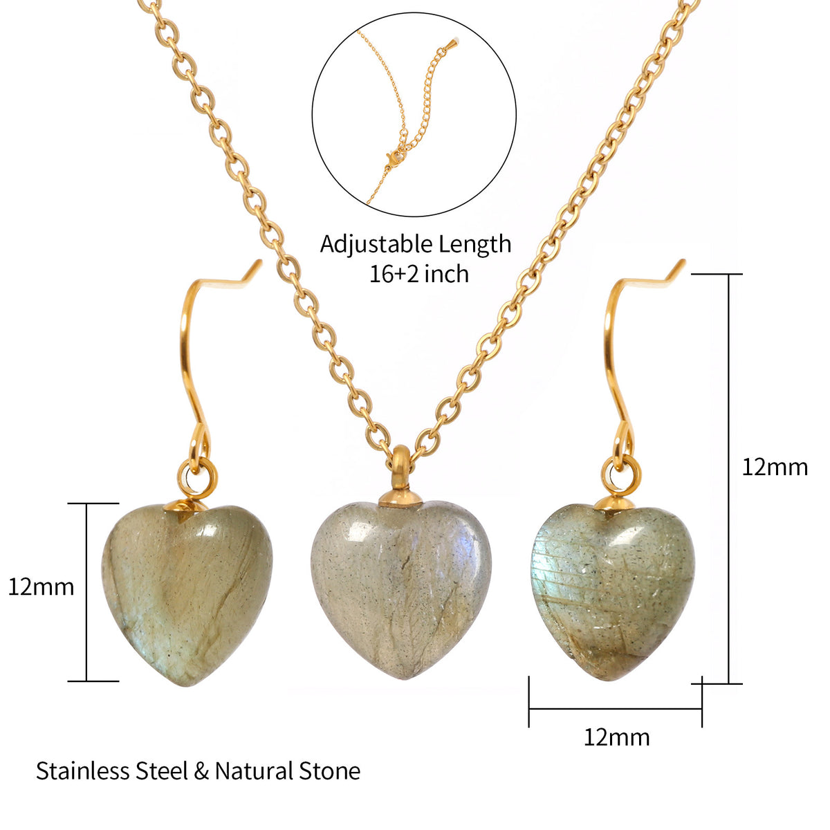 Justop European and American Cross-Border Heart-Shaped Pendant Labradorite Necklace Heart Earrings Natural Stone Necklace Ear Hooks