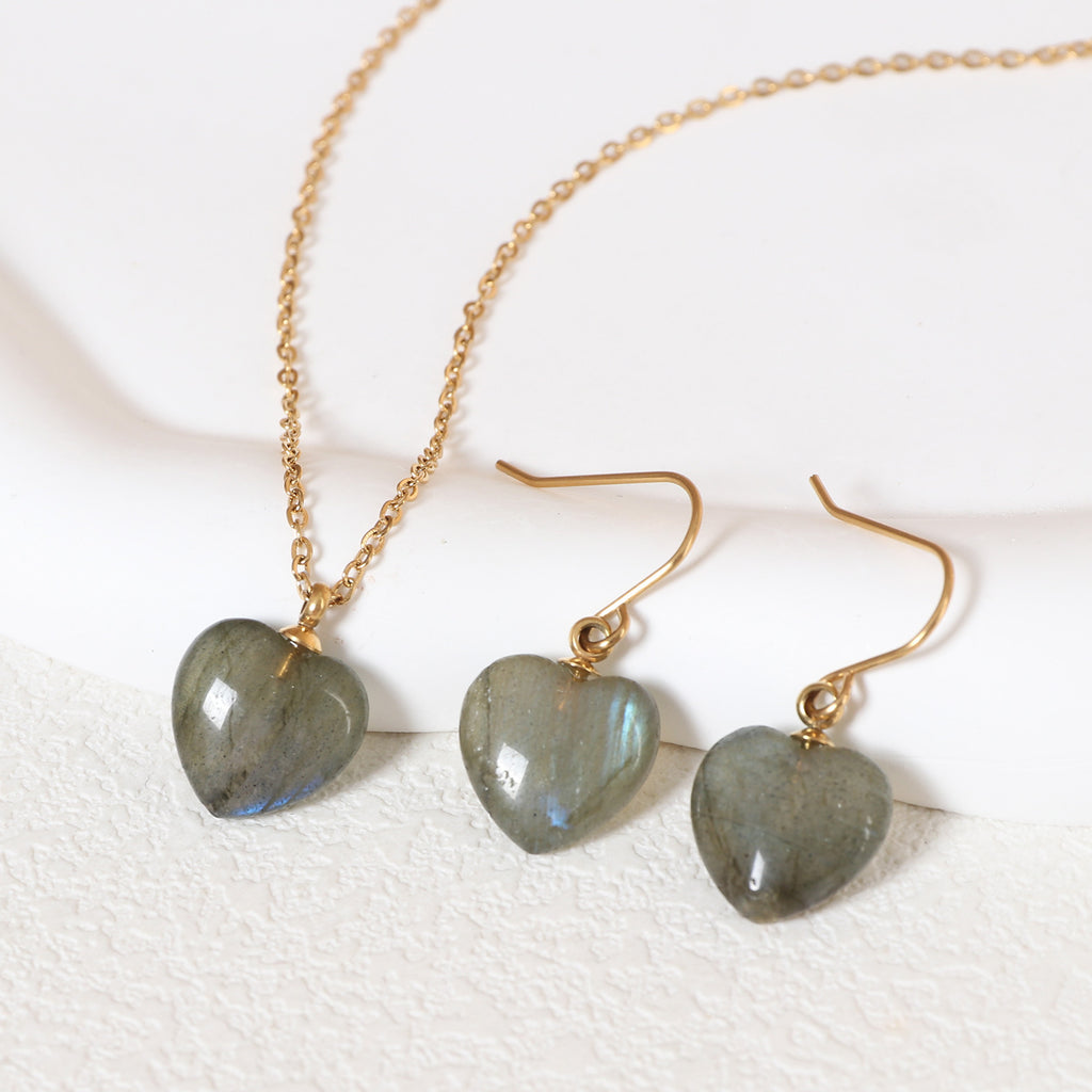Justop European and American Cross-Border Heart-Shaped Pendant Labradorite Necklace Heart Earrings Natural Stone Necklace Ear Hooks