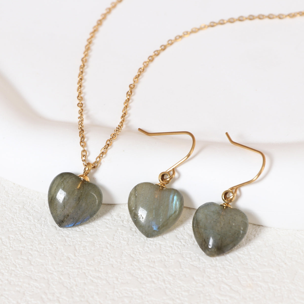 Justop European and American Cross-Border Heart-Shaped Pendant Labradorite Necklace Heart Earrings Natural Stone Necklace Ear Hooks