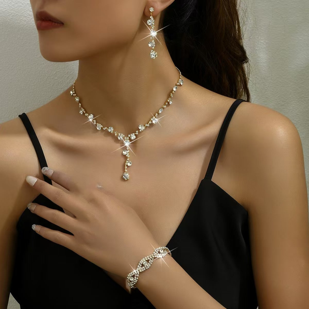 New Cross-Border Wholesale Bridal Rhinestone Water Drop Necklace and Earrings Jewelry Set for Women's Evening Dress Accessories