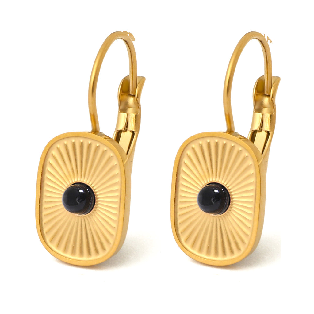 Justop French Inlaid Natural Stone Earrings Black Agate Stone Earrings Stainless Steel Electroplated Earrings Simple Earrings