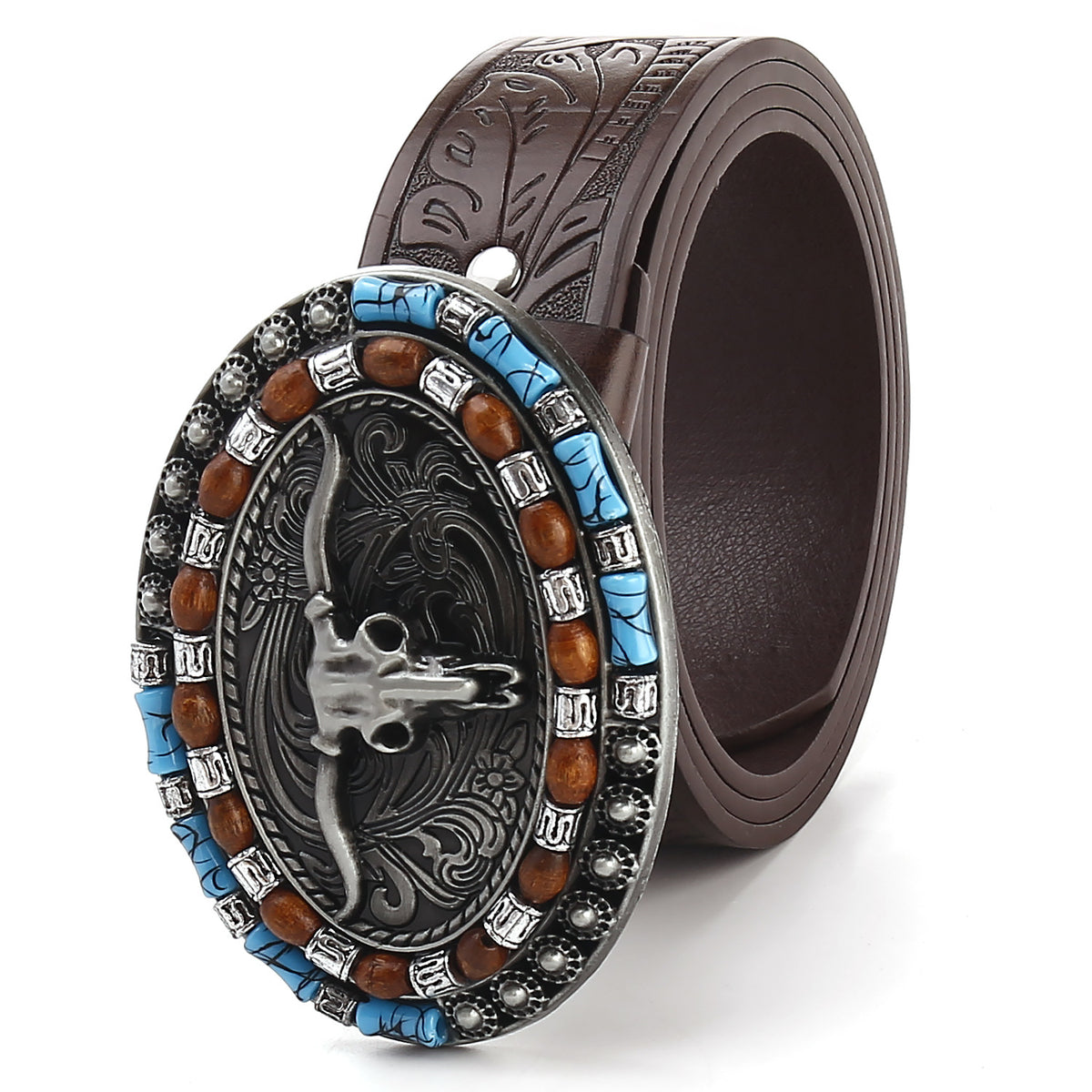 Explosive men's belt personality cow head plate buckle trend belt retro embossed craft belt men's wholesale in stock