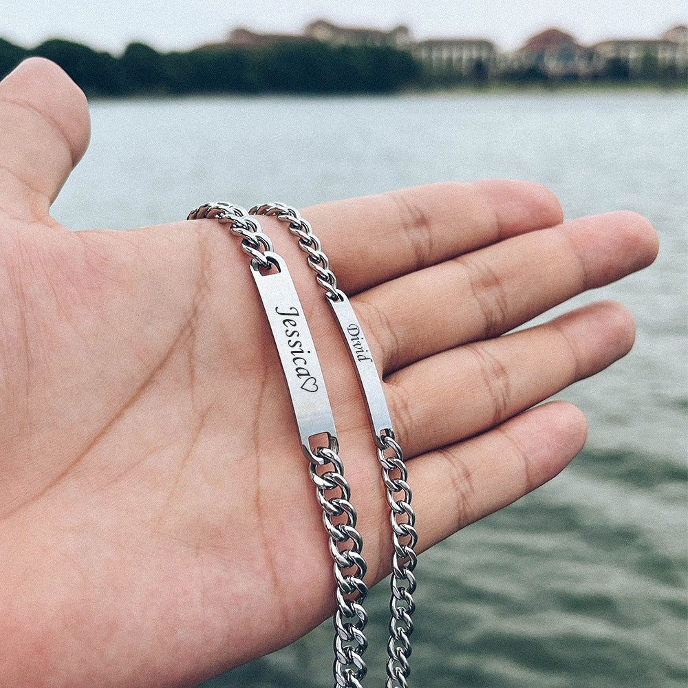 Amazon New Hot Sale 2 Pieces/Set Engravable Titanium Steel Couple's Day 18K High Quality Gold Plated Bracelet