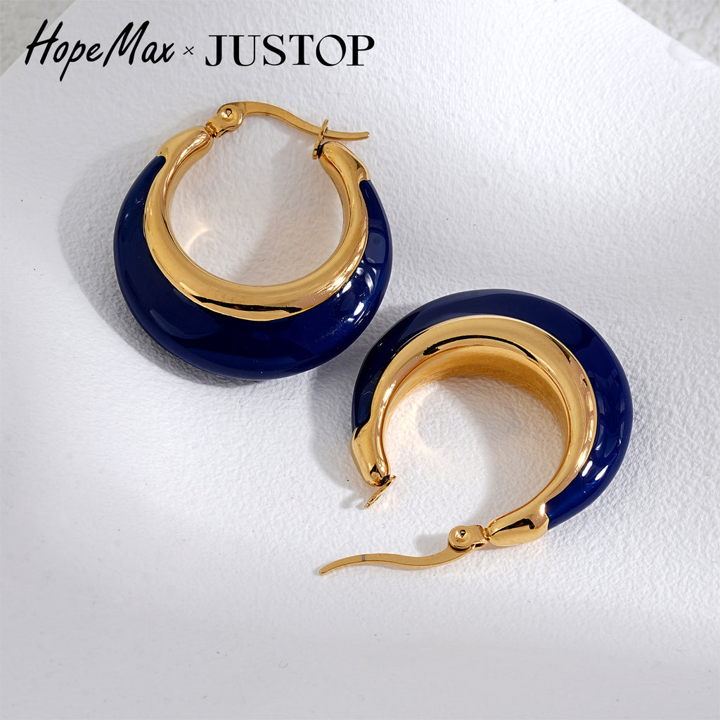 Justop European and American Fashion Navy Blue Oil Drop Earrings Real Gold Electroplated Stainless Steel Earrings French Simple Earrings