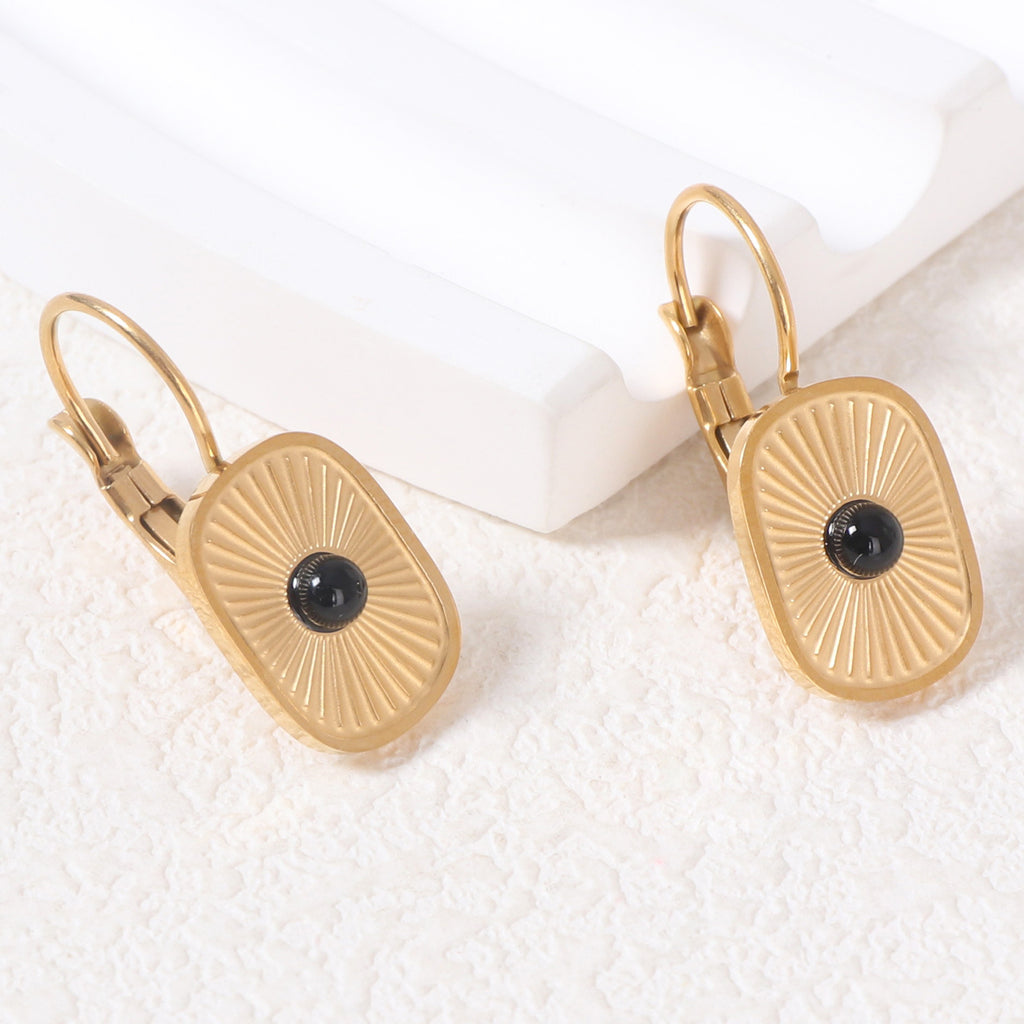 Justop French Inlaid Natural Stone Earrings Black Agate Stone Earrings Stainless Steel Electroplated Earrings Simple Earrings
