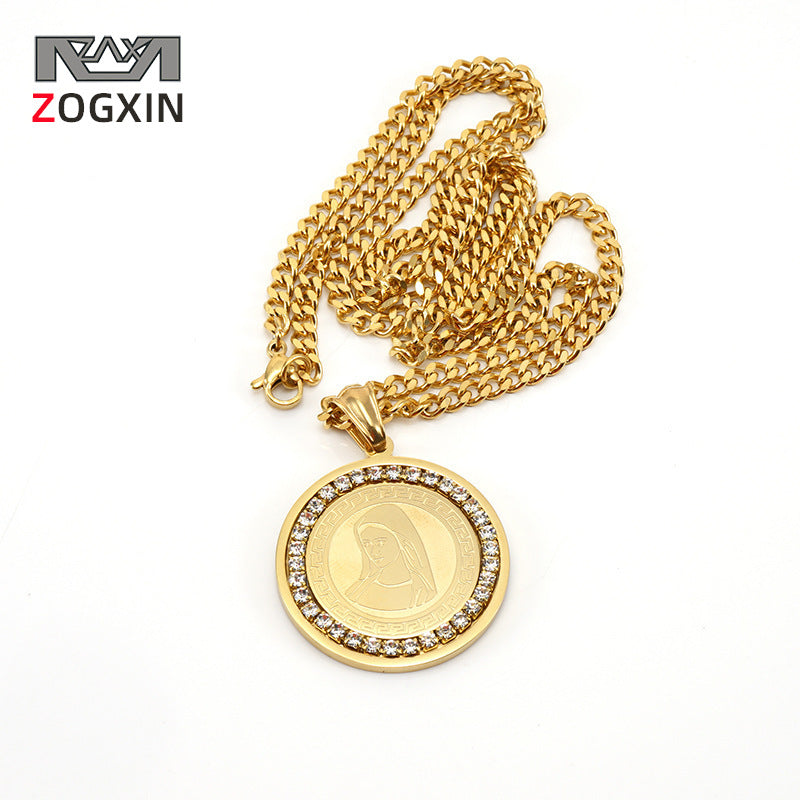 Cross-border European and American Titanium Steel HIPHOP Men's and Women's Necklace Men's 18K Stainless Steel Diamond-encrusted Personality Hip-hop Pendant Women
