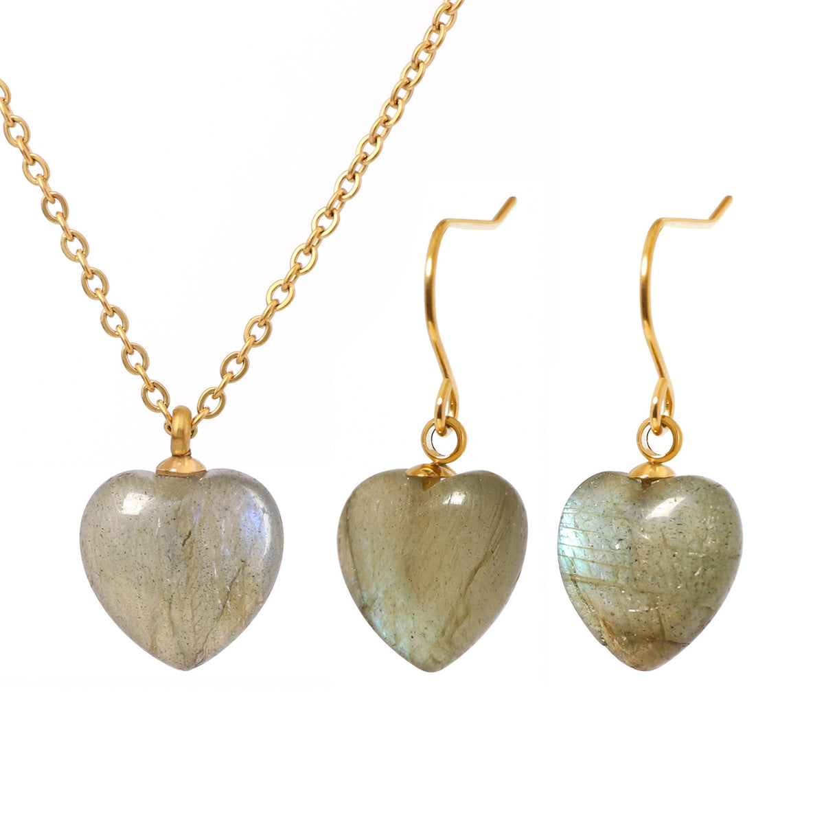 Justop European and American Cross-Border Heart-Shaped Pendant Labradorite Necklace Heart Earrings Natural Stone Necklace Ear Hooks