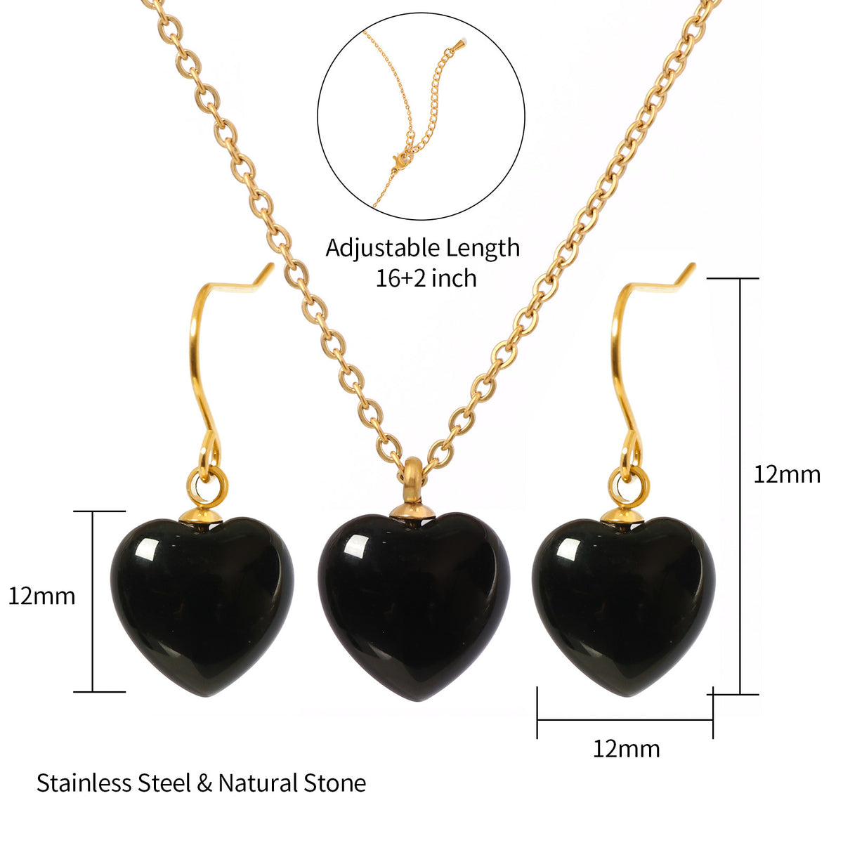 Justop European and American Style High-End Heart-Shaped Pendant Earrings Cross-Border Electroplated Heart-Shaped Ear Studs Black Agate Necklace