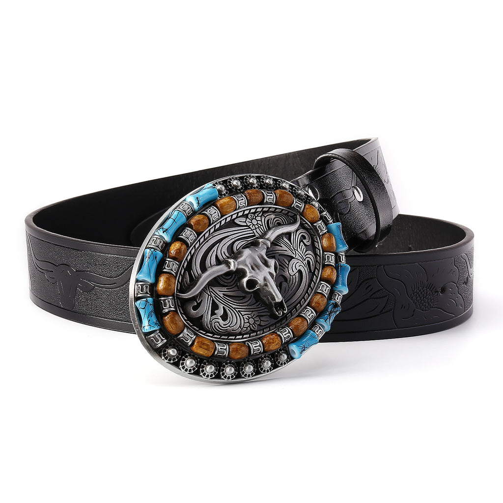 Explosive men's belt personality cow head plate buckle trend belt retro embossed craft belt men's wholesale in stock