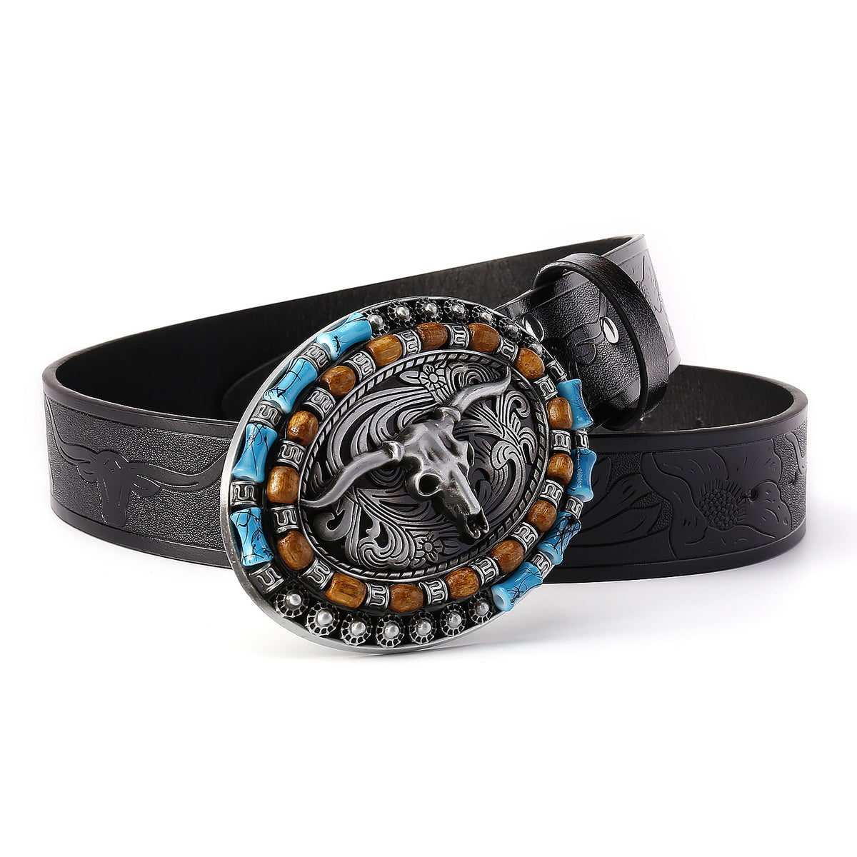 Explosive men's belt personality cow head plate buckle trend belt retro embossed craft belt men's wholesale in stock