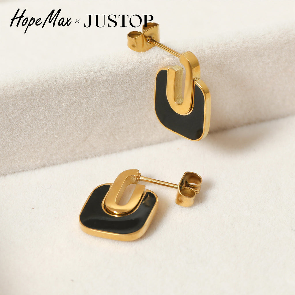 Justop European and American French Black Oil Drop Earrings Real Gold Electroplated Earrings Gold Stainless Steel Earrings Simple Ear Hooks