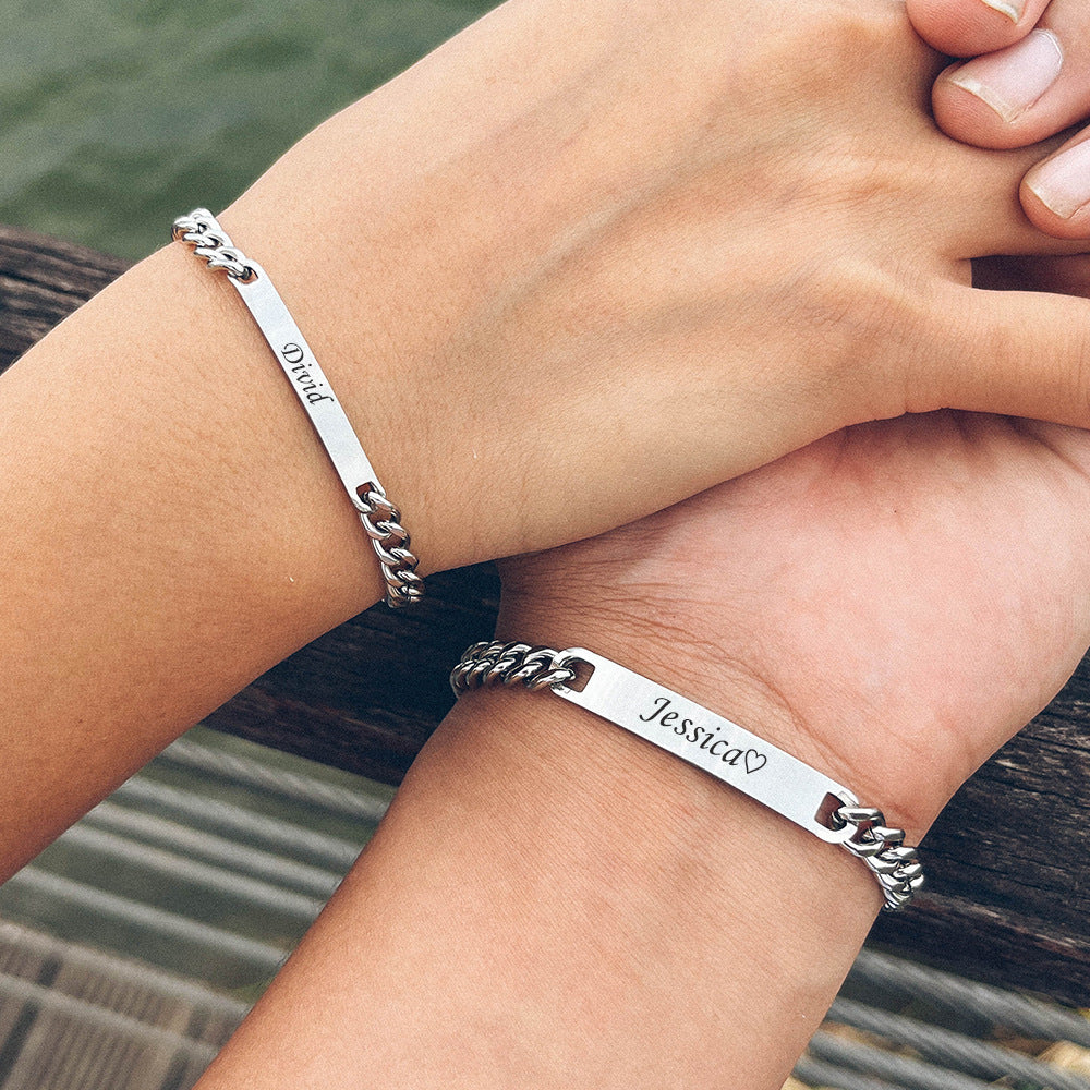 Amazon New Hot Sale 2 Pieces/Set Engravable Titanium Steel Couple's Day 18K High Quality Gold Plated Bracelet