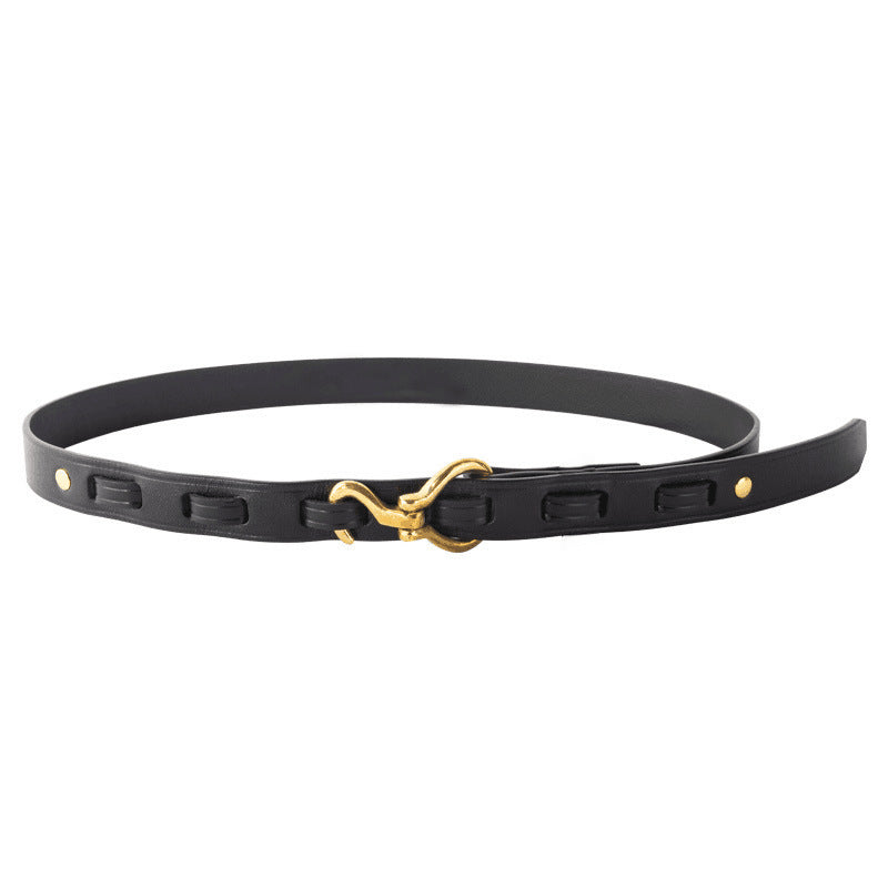 Genuine Leather Distressed Hardware Crescent Belt for Women, Trendy Retro Punk Original Design Brand Cowhide Belt