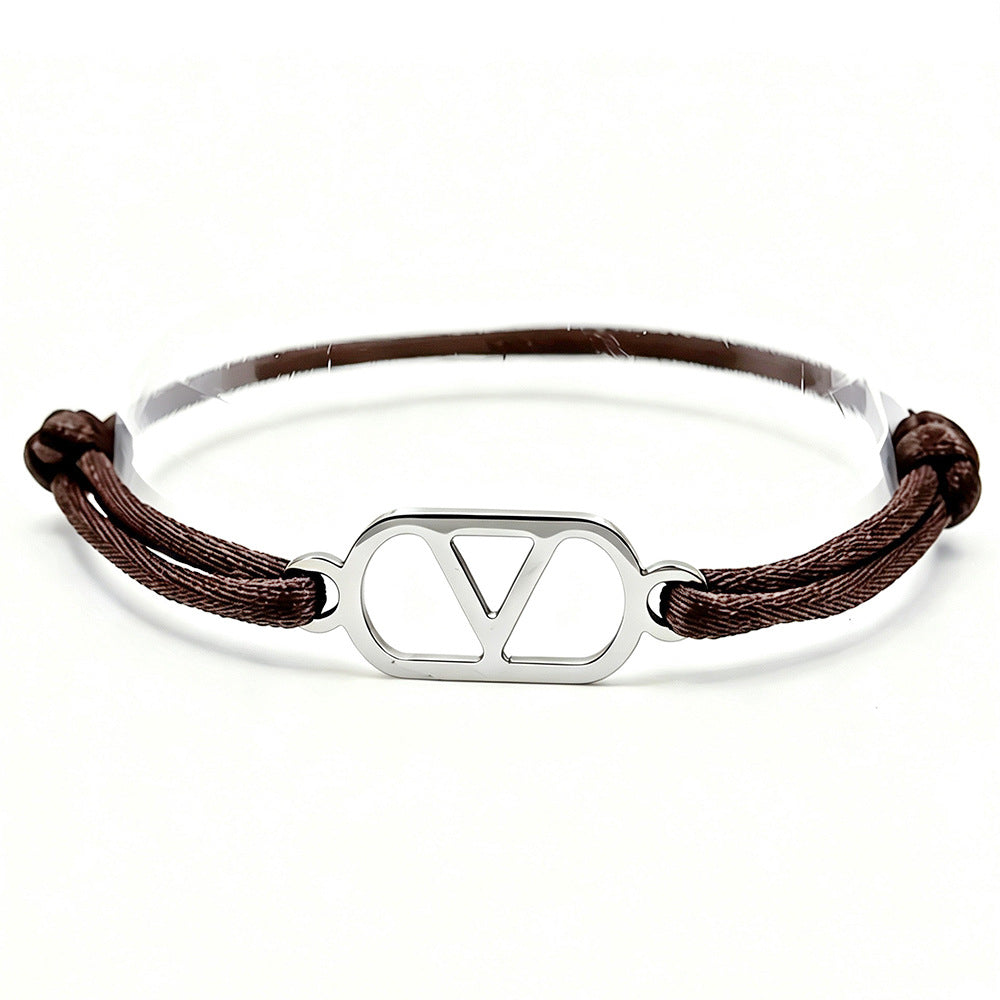 Cross-Border Supply Export Hand-Woven Couple Stainless Steel Warren V Hand Rope Cut Out English Letter Hand Rope Adjustable