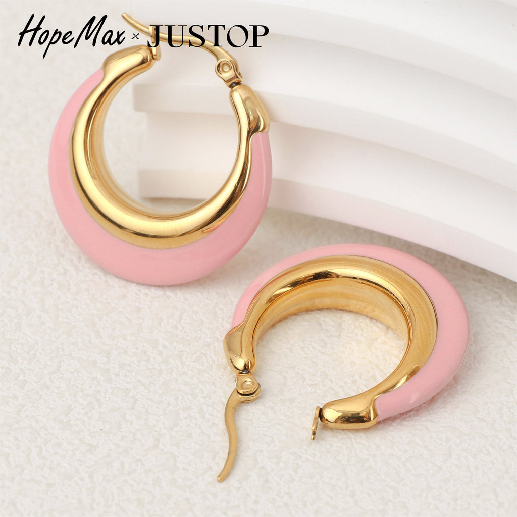Justop European and American Ins Stylish Fashion Letters Pink Oil Drop Earrings Stainless Steel Real Gold Electroplated Earrings Earrings