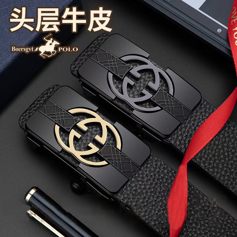 Paul leather belt men's top layer cowhide litchi pattern belt real cowhide fashion business automatic buckle classic men's