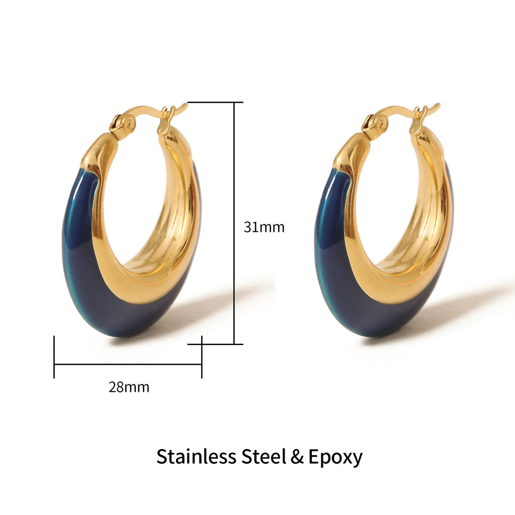Justop European and American Fashion Navy Blue Oil Drop Earrings Real Gold Electroplated Stainless Steel Earrings French Simple Earrings