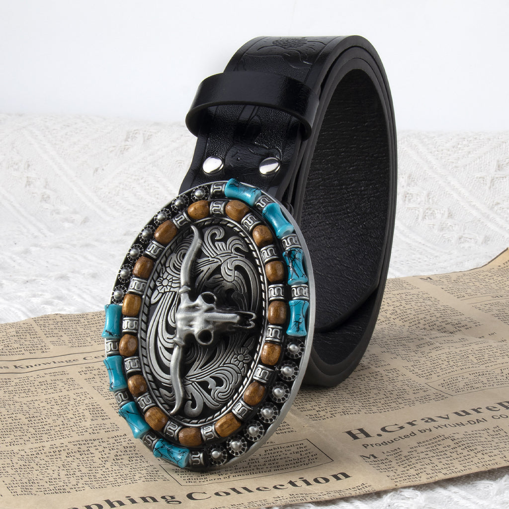 Explosive men's belt personality cow head plate buckle trend belt retro embossed craft belt men's wholesale in stock