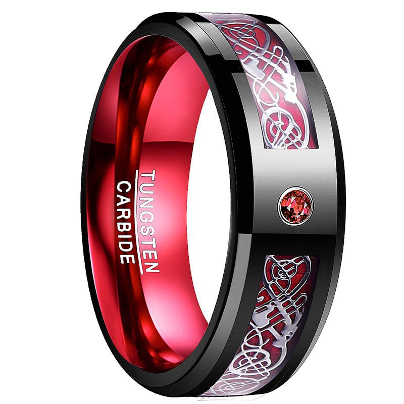 Tungsten Steel Ring Set with Black Dragon Pattern Blue Red and Green Carbon Fiber Men's Tungsten Steel Ring Ready for Dropshipping