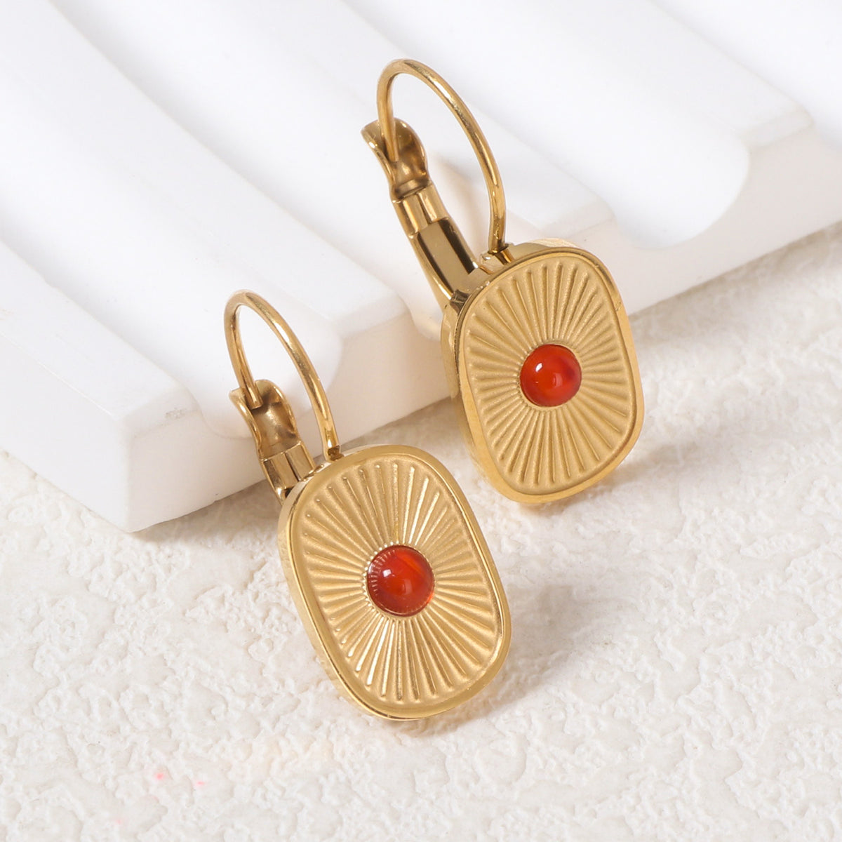 Justop French Ins Natural Stone Red Agate Earrings Stainless Steel Electroplated Polished Earrings Retro Earrings Earrings