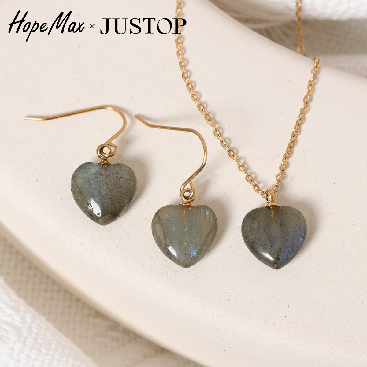 Justop European and American Cross-Border Heart-Shaped Pendant Labradorite Necklace Heart Earrings Natural Stone Necklace Ear Hooks
