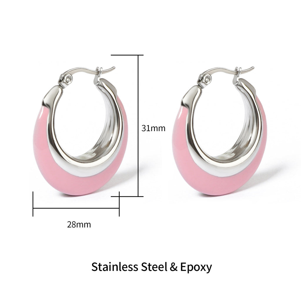Justop European and American Steel Color Polished Color Matching Enamel Hoop Earrings Pink and White Contrasting Color Ins Sweet and Cool Style Earrings