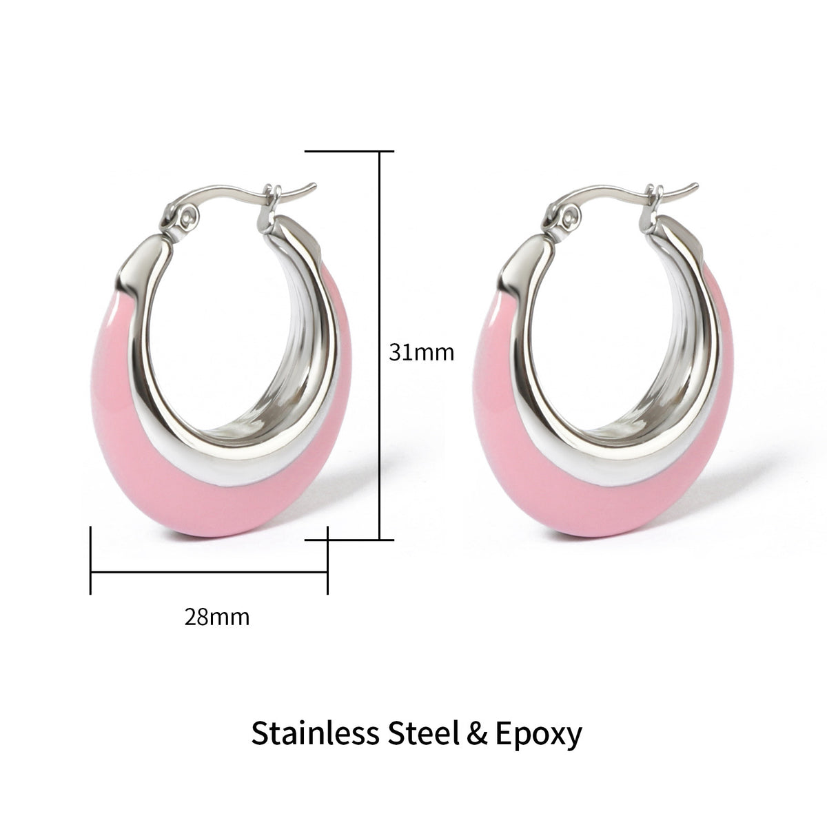 Justop European and American Steel Color Polished Color Matching Enamel Hoop Earrings Pink and White Contrasting Color Ins Sweet and Cool Style Earrings